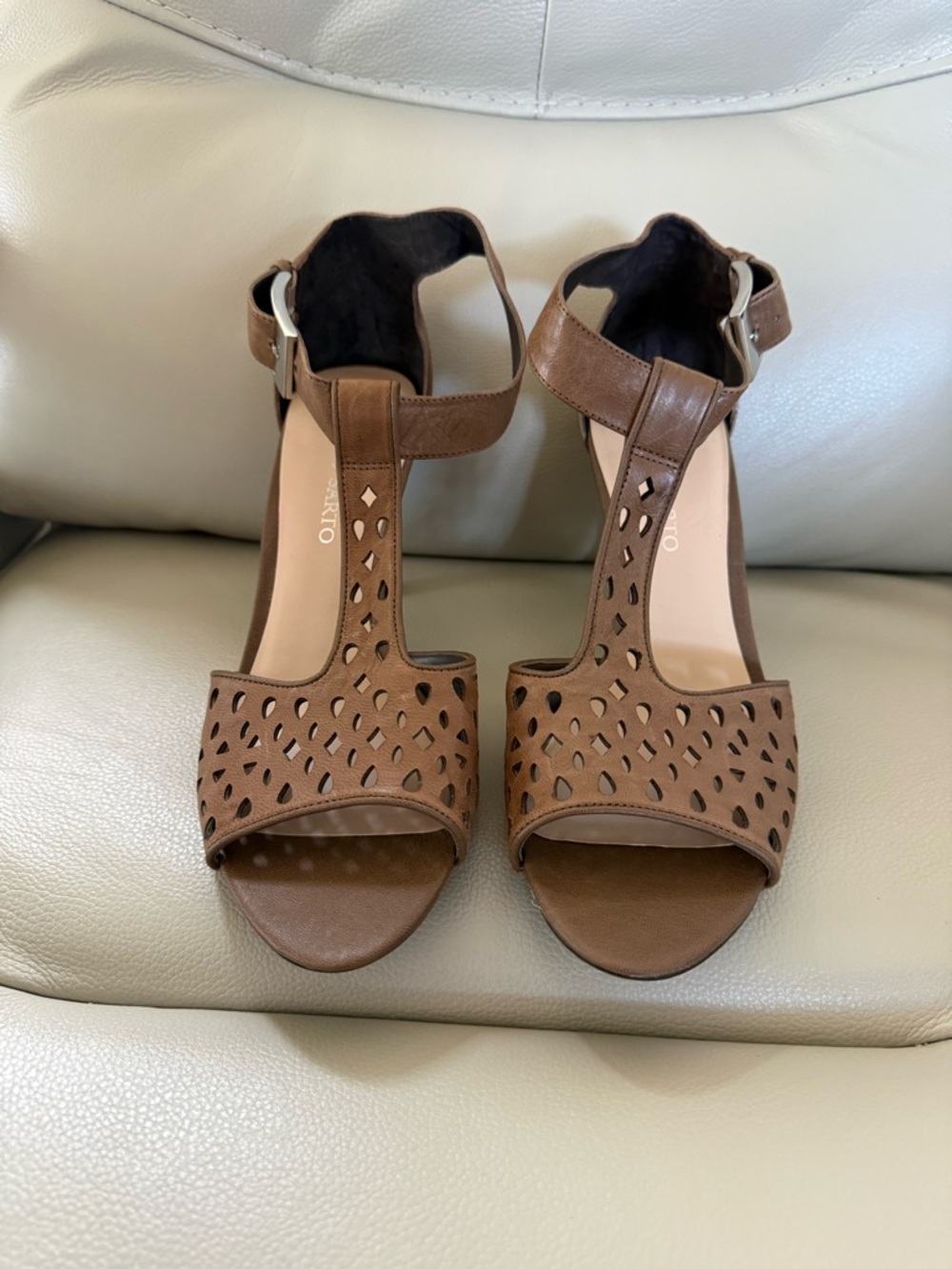Dark Taupe Geometric Perf Leather Franco Sarto Brown Cutout T-Strap Sandals